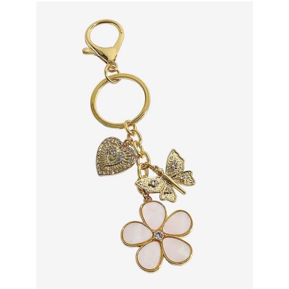 New Emberly Gold and Pink Floral Charm Keychain with Butterfly and Heart